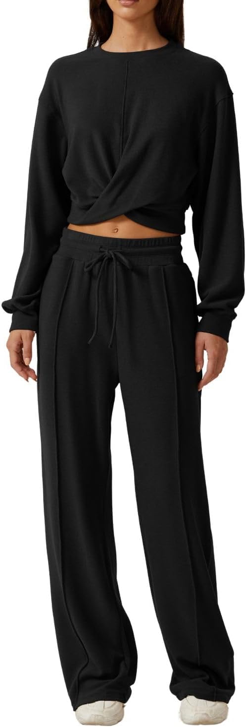 QINSEN Women 2 Piece Outfits Sweatsuit Set Twist Front Cropped Sweatsh