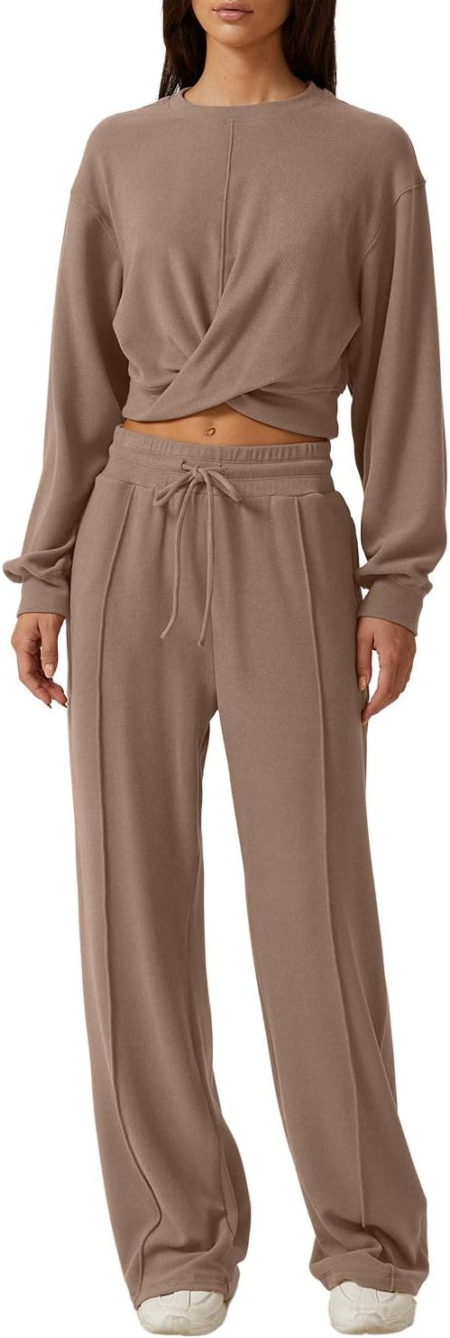 QINSEN Women 2 Piece Outfits Sweatsuit Set Twist Front Cropped Sweatsh