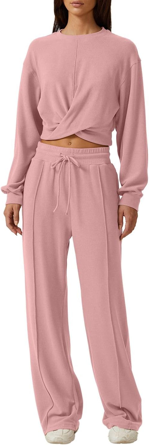 QINSEN Women 2 Piece Outfits Sweatsuit Set Twist Front Cropped Sweatshirt Wide Leg Sweatpant Lounge Set Tracksuit