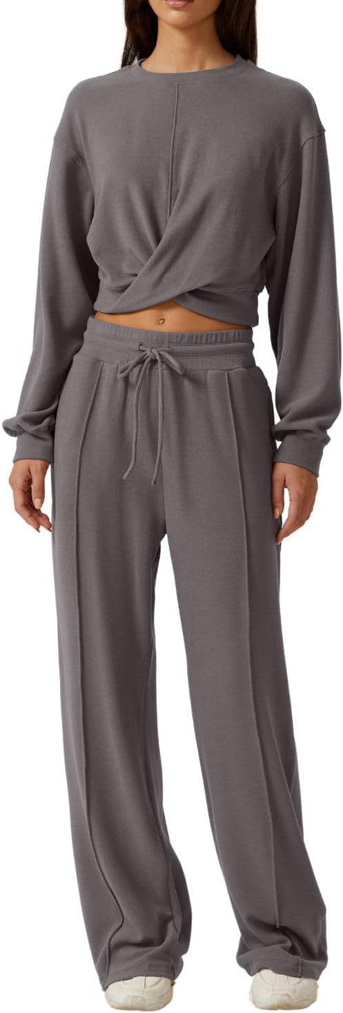 QINSEN Women 2 Piece Outfits Sweatsuit Set Twist Front Cropped Sweatshirt Wide Leg Sweatpant Lounge Set Tracksuit