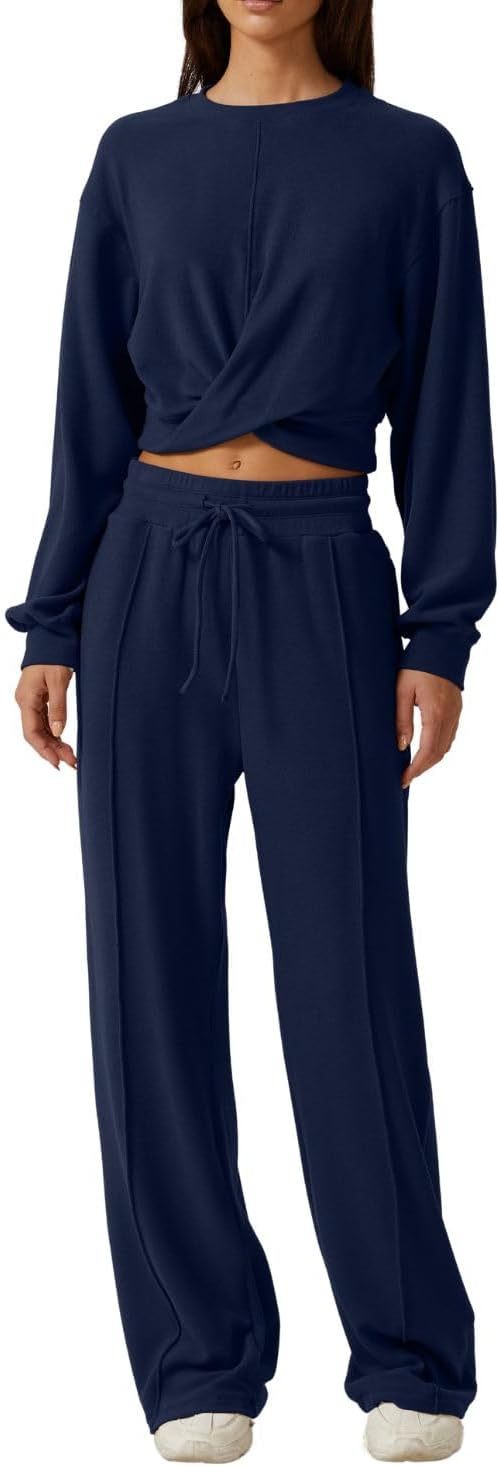 QINSEN Women 2 Piece Outfits Sweatsuit Set Twist Front Cropped Sweatshirt Wide Leg Sweatpant Lounge Set Tracksuit