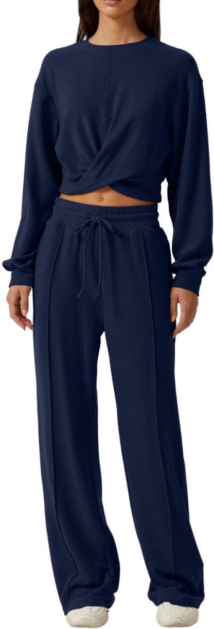 QINSEN Women 2 Piece Outfits Sweatsuit Set Twist Front Cropped Sweatshirt Wide Leg Sweatpant Lounge Set Tracksuit