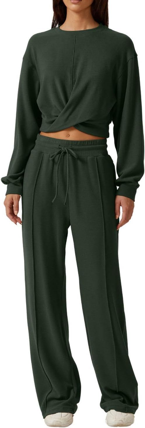 QINSEN Women 2 Piece Outfits Sweatsuit Set Twist Front Cropped Sweatshirt Wide Leg Sweatpant Lounge Set Tracksuit