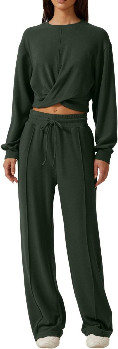 QINSEN Women 2 Piece Outfits Sweatsuit Set Twist Front Cropped Sweatshirt Wide Leg Sweatpant Lounge Set Tracksuit