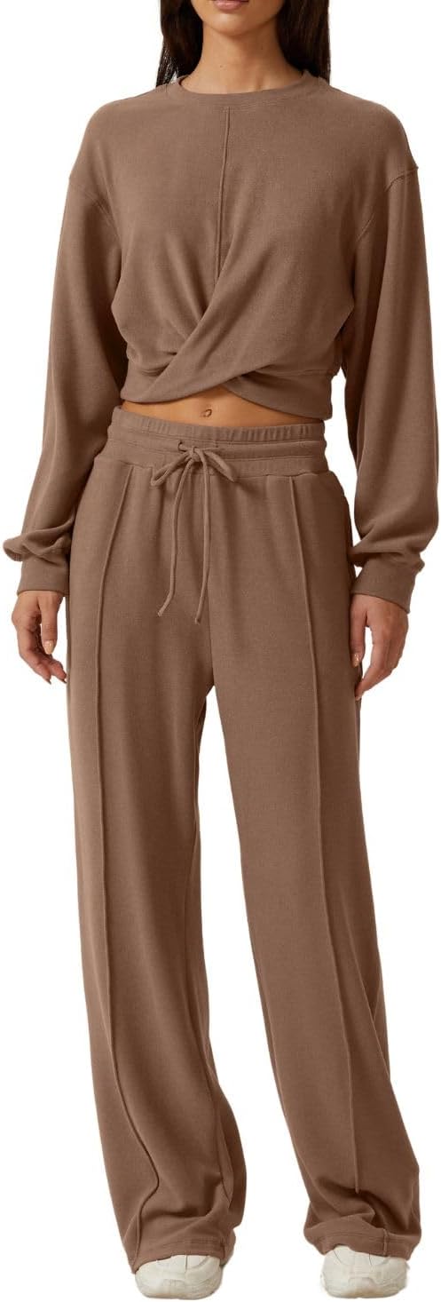 QINSEN Women 2 Piece Outfits Sweatsuit Set Twist Front Cropped Sweatsh
