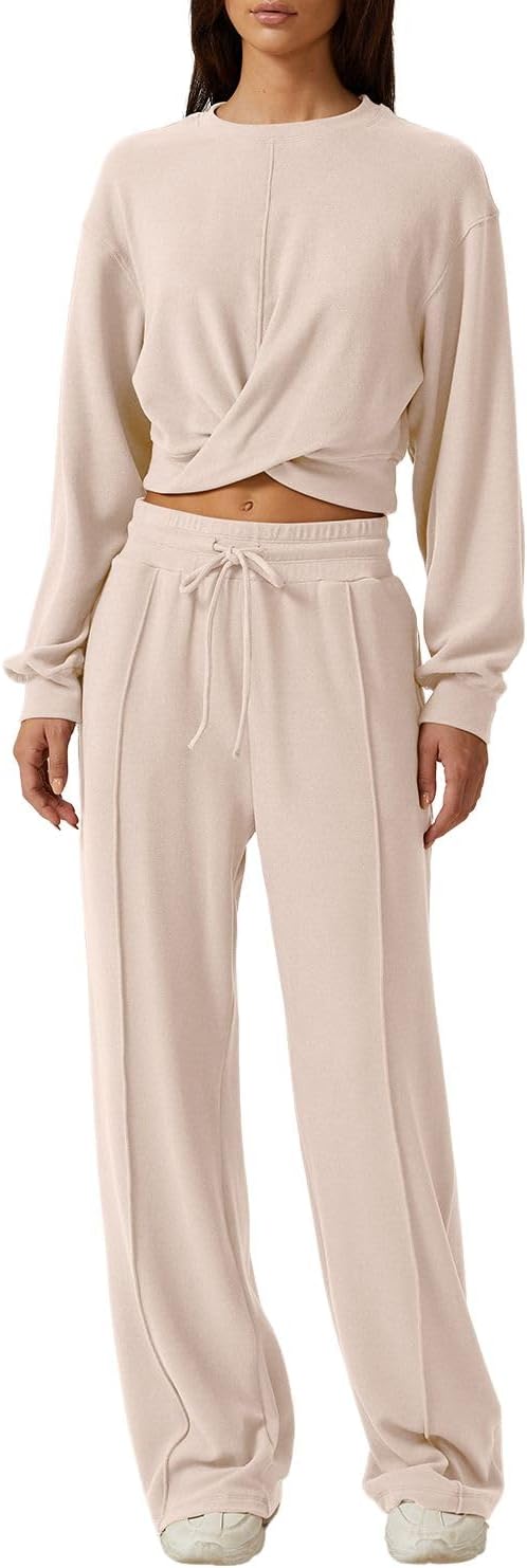 QINSEN Women 2 Piece Outfits Sweatsuit Set Twist Front Cropped Sweatshirt Wide Leg Sweatpant Lounge Set Tracksuit