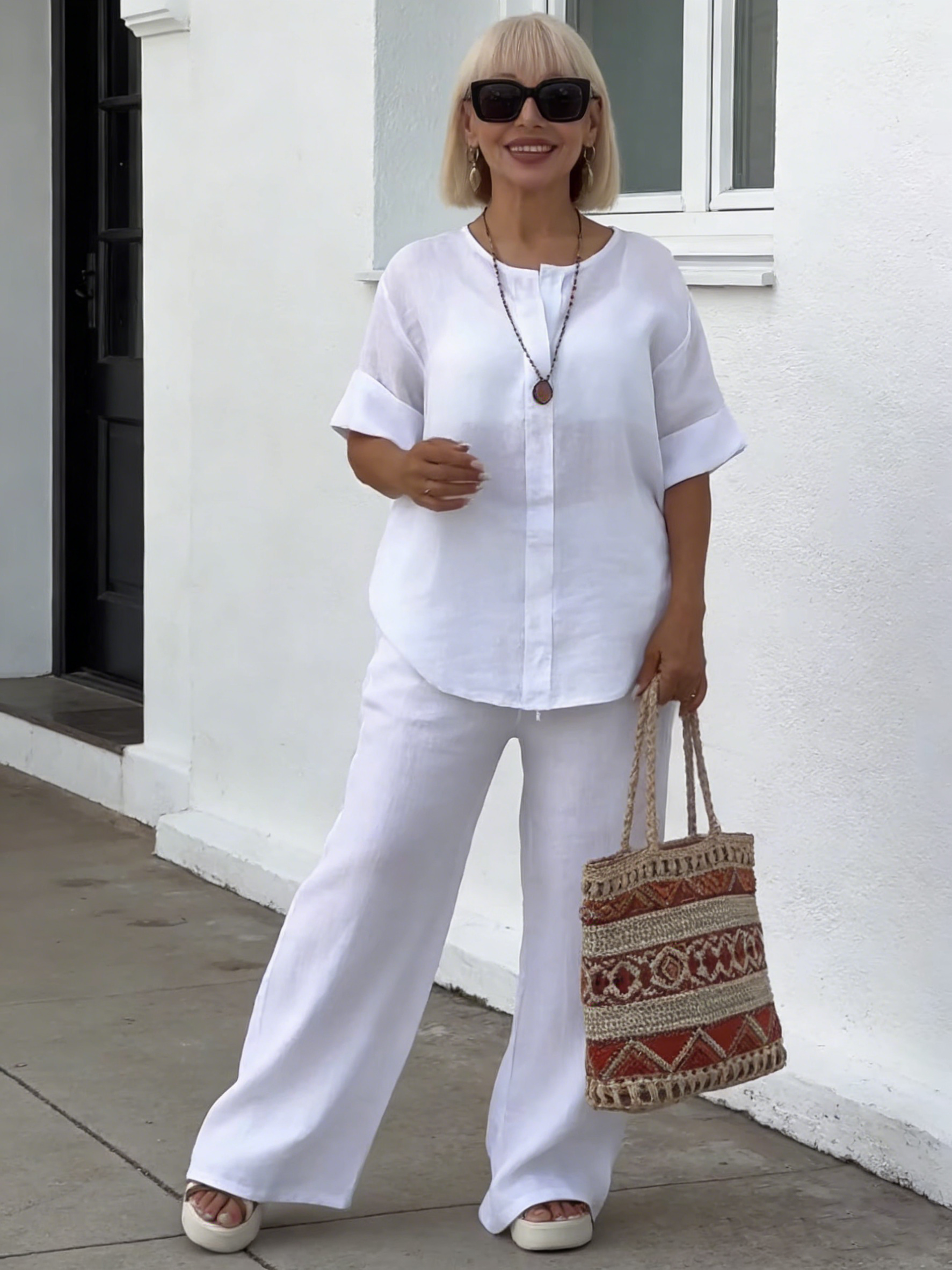 🎁CLEARANCE SALE🔥2Pcs Women's Comfortable Loose Top Wide Leg Pants Casual Cotton and Linen Set