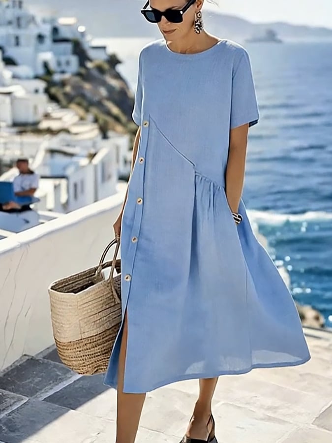 Women'S Casual Solid Color Button-Down Dress