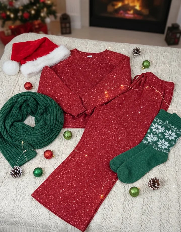 🎄 New Arrival 🔥 Cozy Shimmer Travel Set – Crew Neck Sweatshirt & Pants