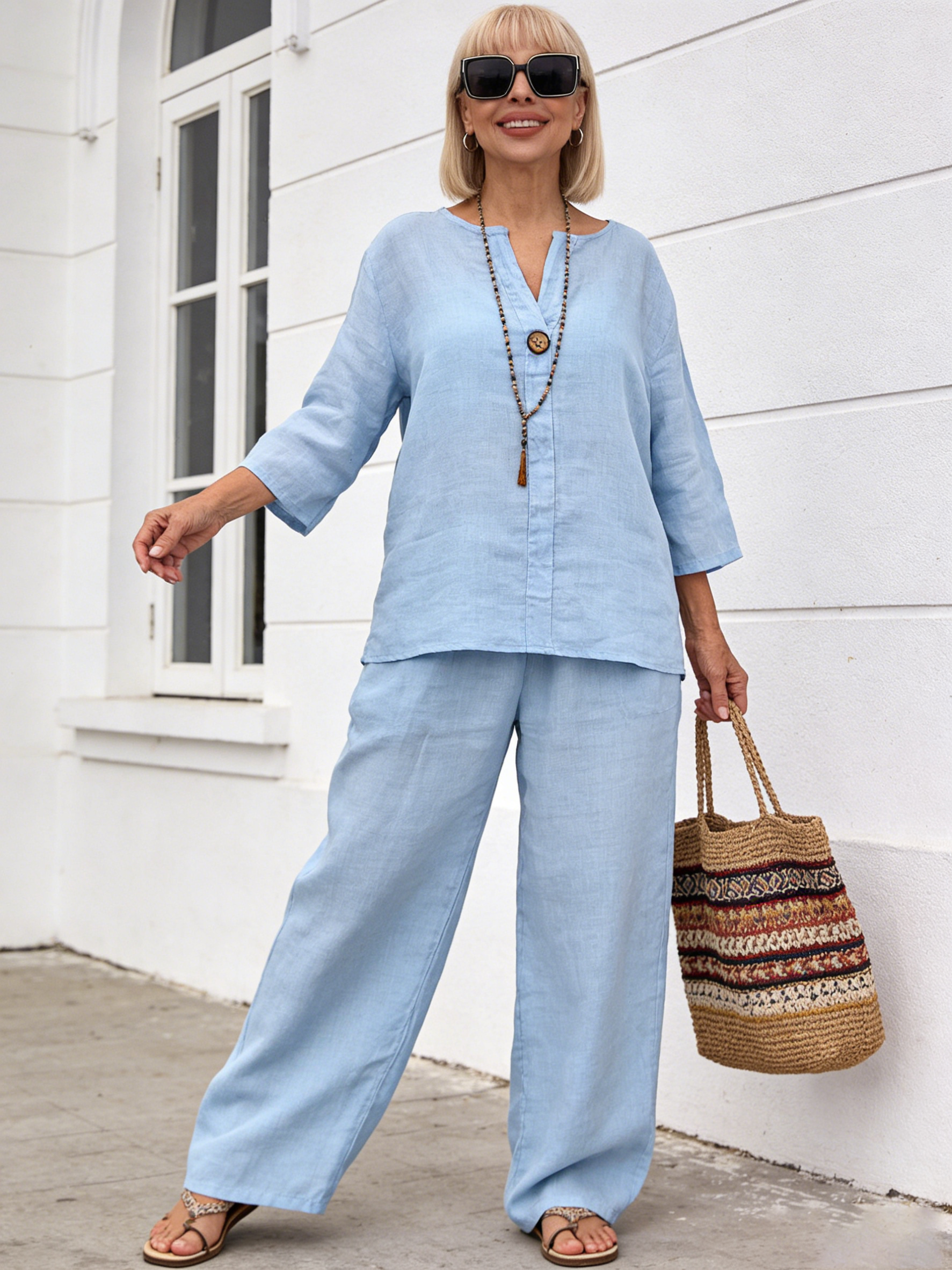 🎁CLEARANCE SALE🔥2Pcs Women's Comfortable Loose Top Wide Leg Pants Casual Cotton and Linen Set