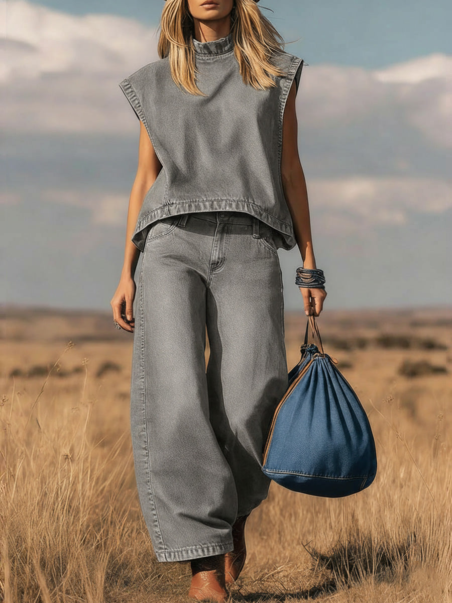 🎁New Arrivals🔥 Women's Stand Collar Sleeveless Casual Loose Top and High Waisted Loose Wide Leg Denim Pants Set