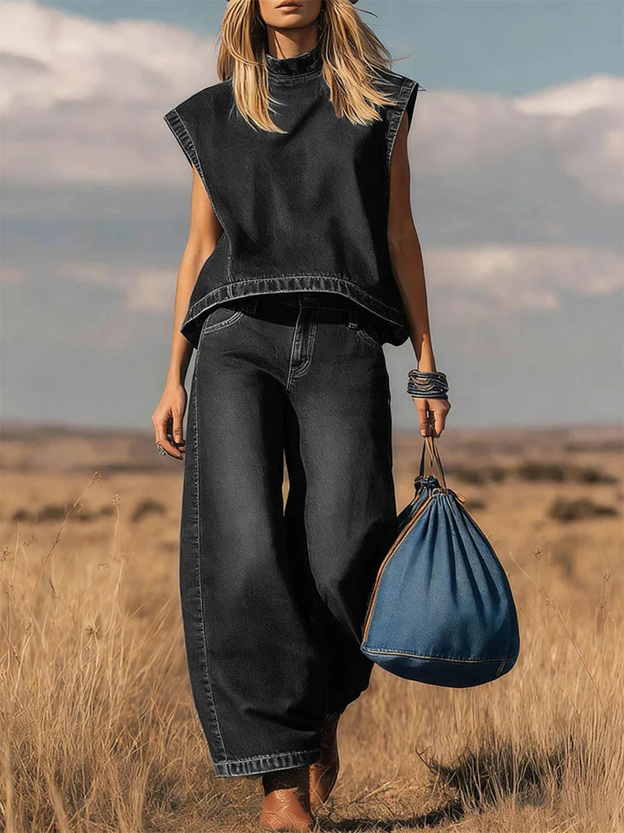 🎁New Arrivals🔥 Women's Stand Collar Sleeveless Casual Loose Top and High Waisted Loose Wide Leg Denim Pants Set