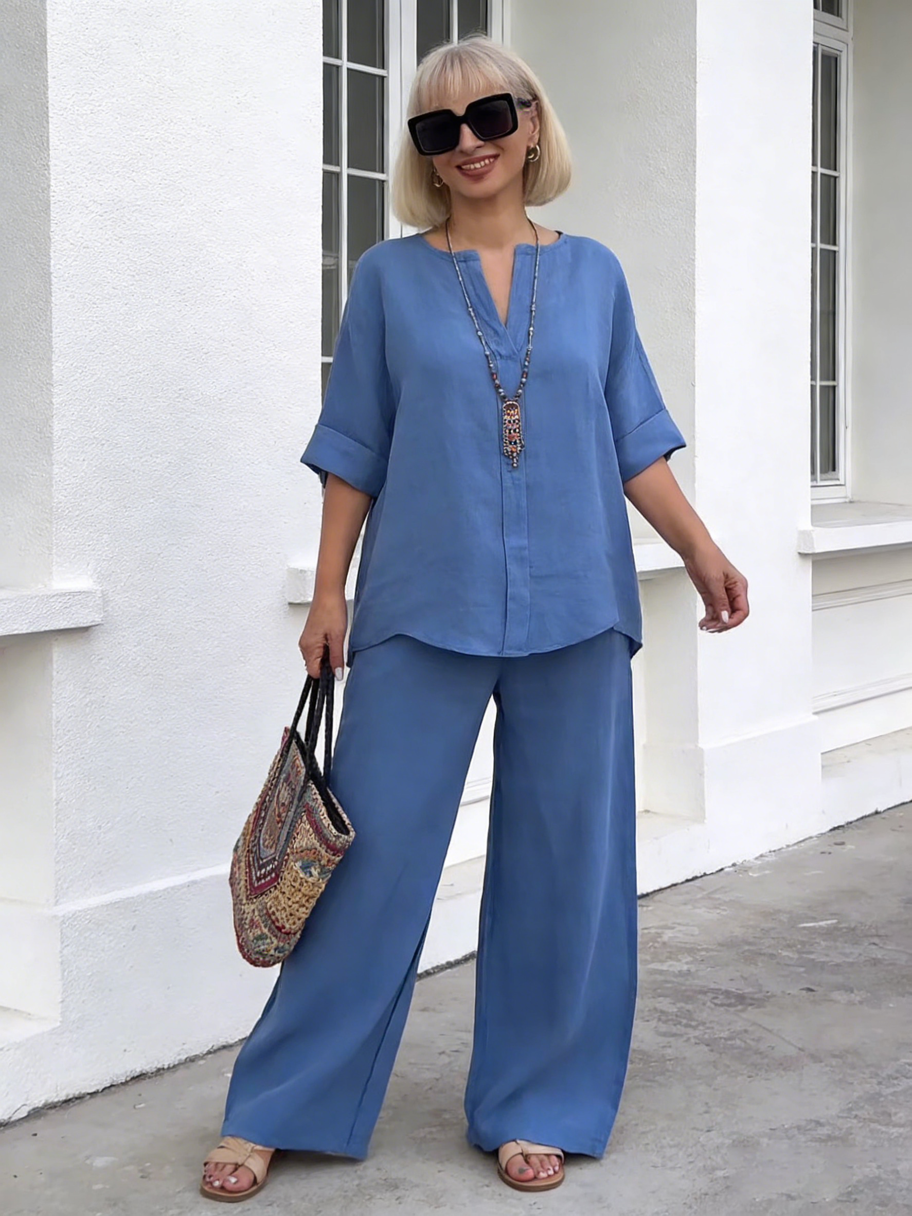 🎁CLEARANCE SALE🔥2Pcs Women's Comfortable Loose Top Wide Leg Pants Casual Cotton and Linen Set