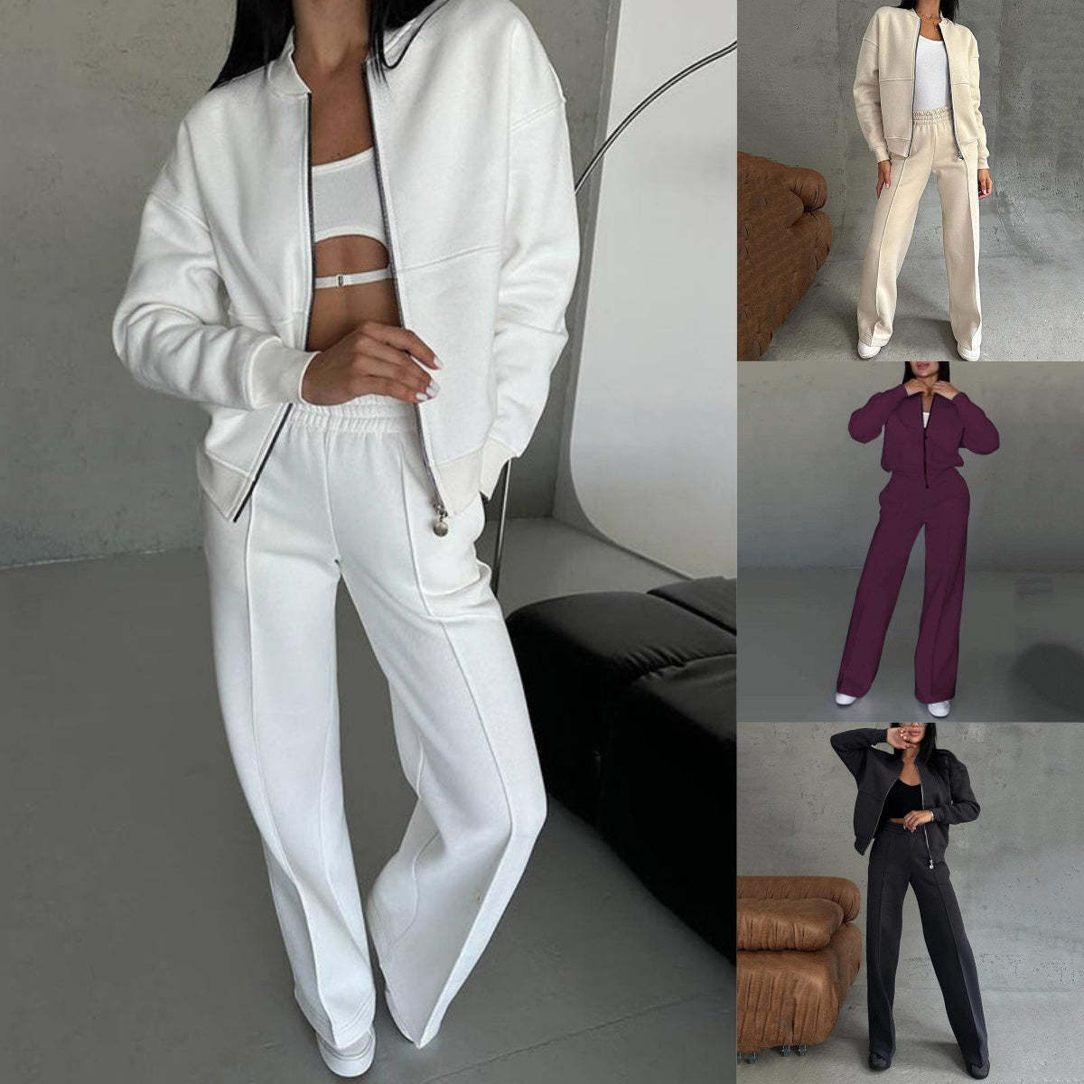 💕Hot Sale 49% OFF💖Women's Two-Piece Relaxed Fit Set - Zippered Jacket and Wide-Leg Pants