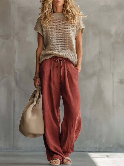 🎁New Arrivals🔥Casual Knitted Pullover Top And Linen-cotton Trousers Two-piece Set