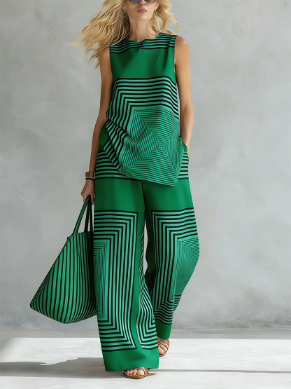 🎁New Arrivals🔥Artistic Geometric Line Print Cotton-linen Two-piece Set