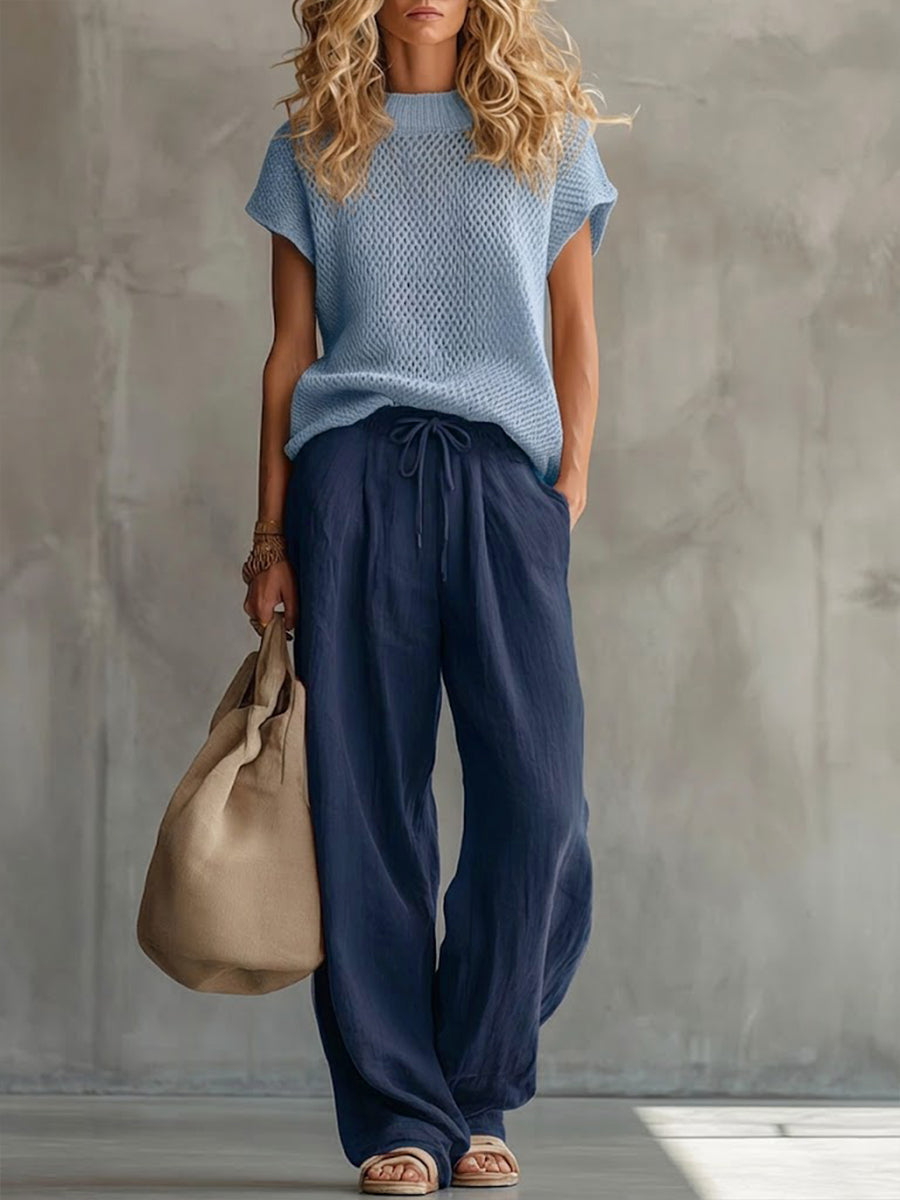 🎁New Arrivals🔥Casual Knitted Pullover Top And Linen-cotton Trousers Two-piece Set