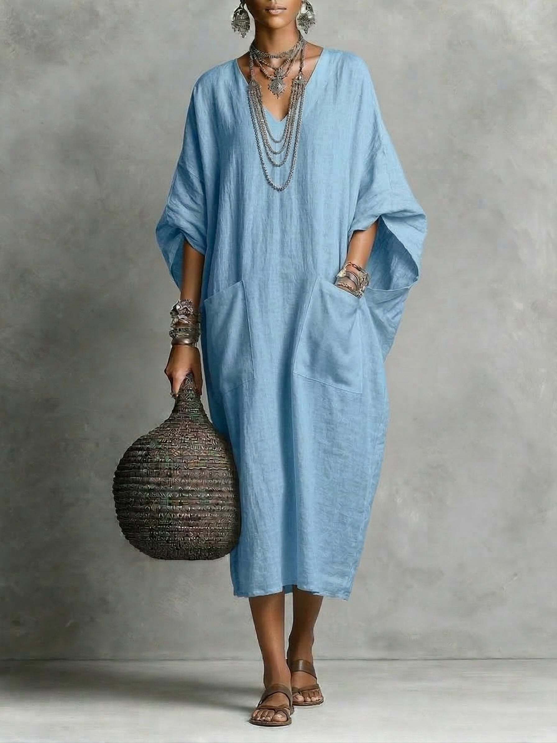 🎁New Arrivals🔥Women's Casual V-neck Cotton-linen Dress With Pockets
