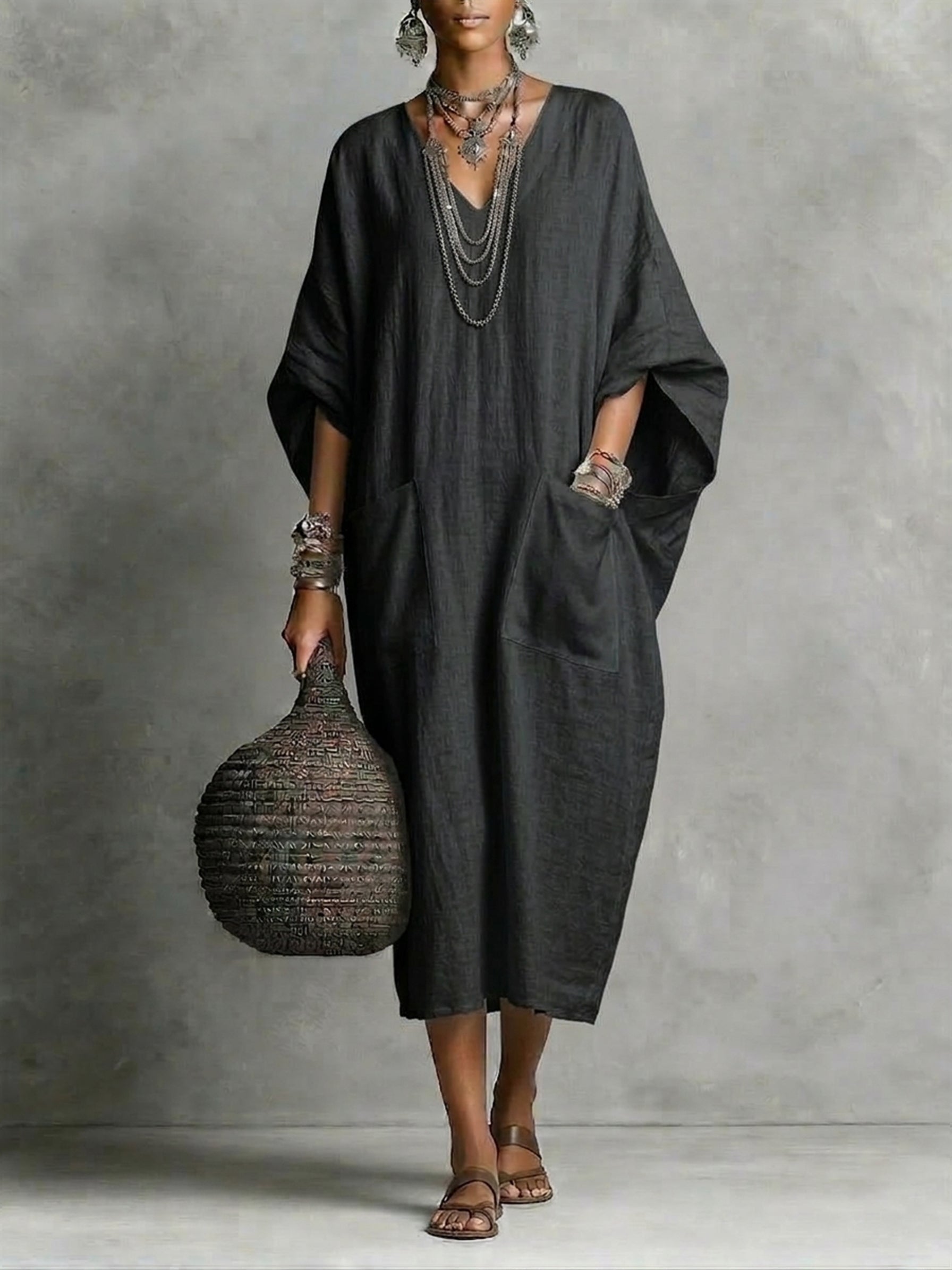 🎁New Arrivals🔥Women's Casual V-neck Cotton-linen Dress With Pockets