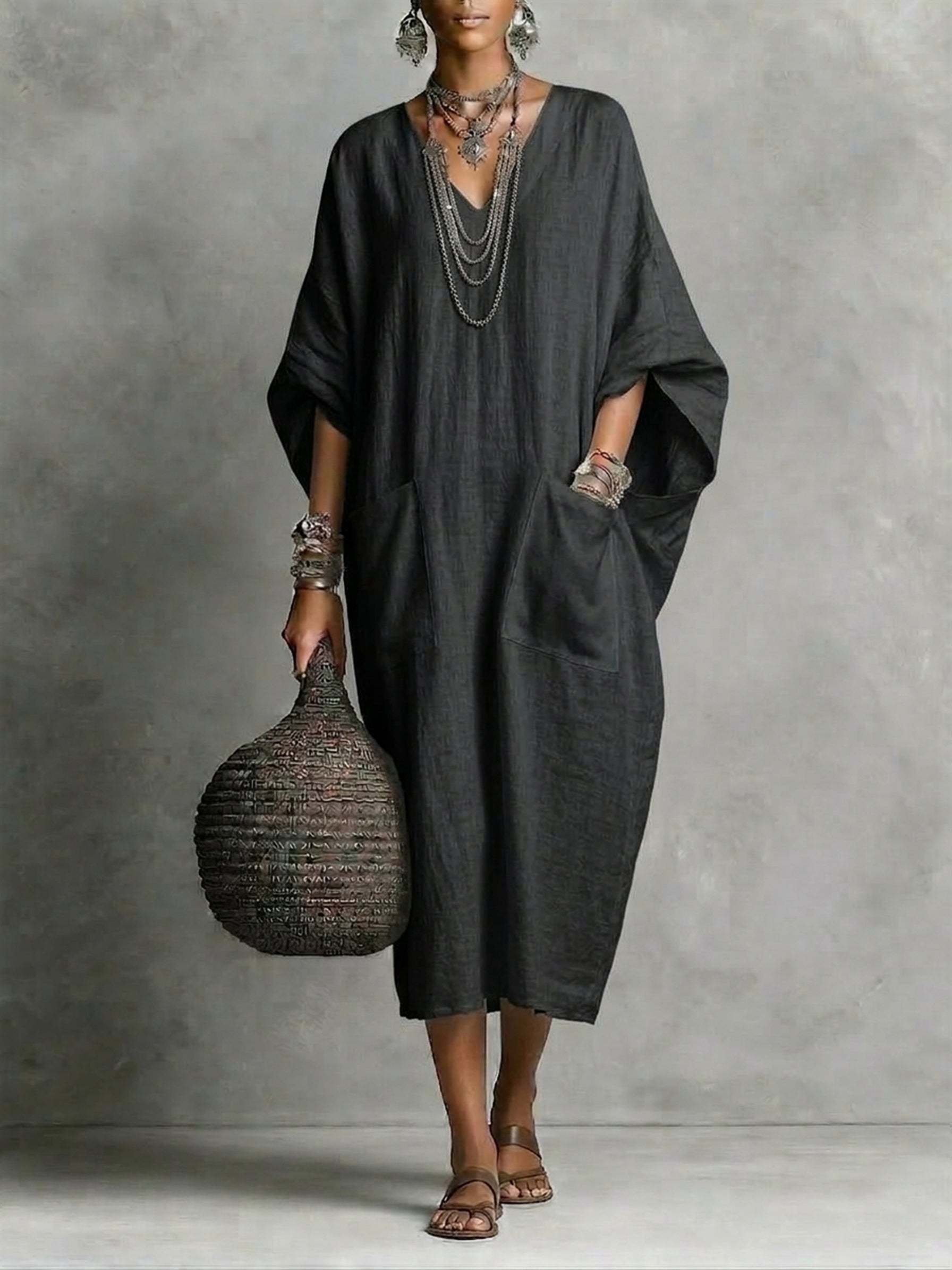 🎁New Arrivals🔥Women's Casual V-neck Cotton-linen Dress With Pockets