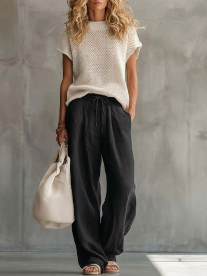 🎁New Arrivals🔥Casual Knitted Pullover Top And Linen-cotton Trousers Two-piece Set
