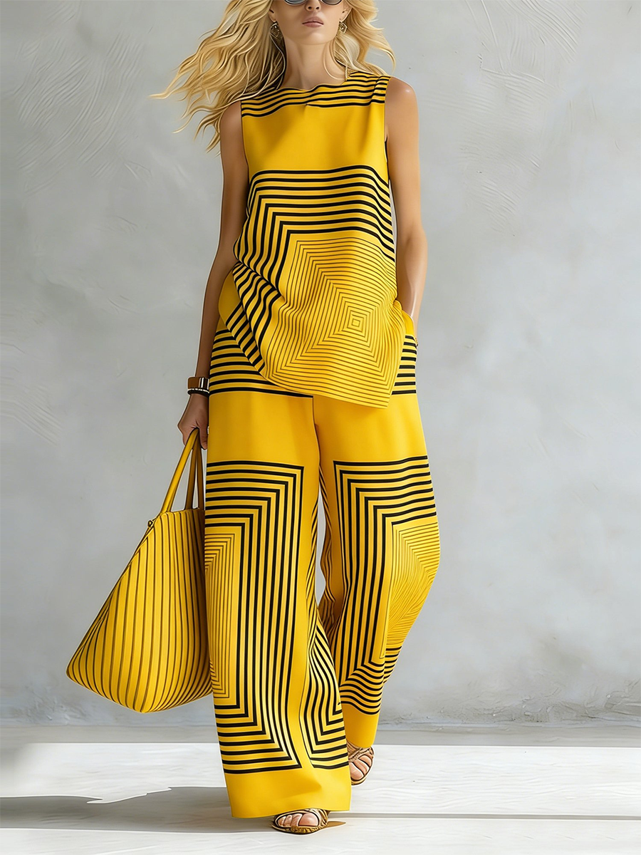 🎁New Arrivals🔥Artistic Geometric Line Print Cotton-linen Two-piece Set
