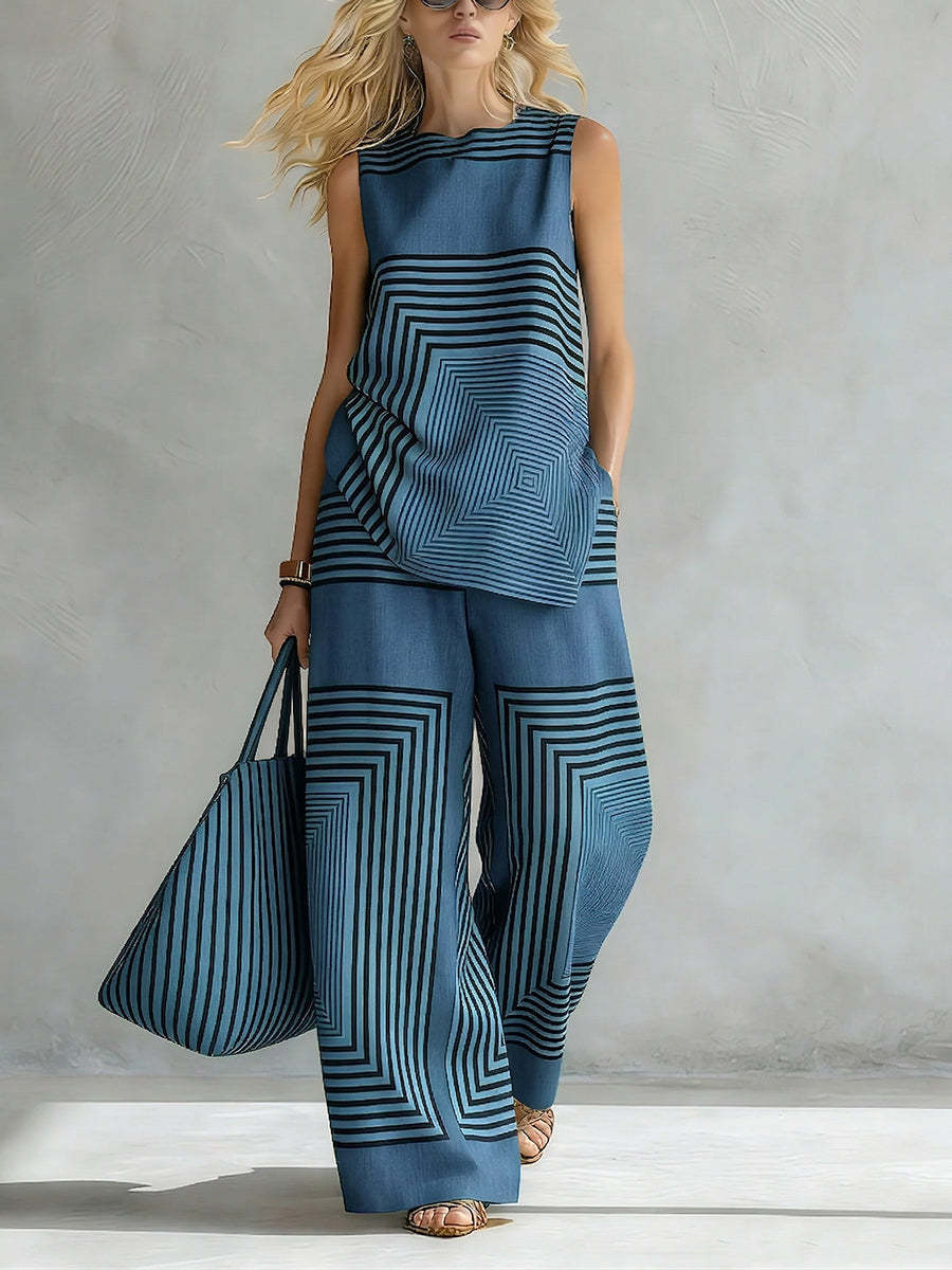 🎁New Arrivals🔥Artistic Geometric Line Print Cotton-linen Two-piece Set
