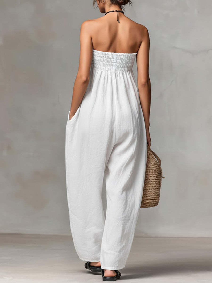 🎁New Arrivals🔥Women's Solid Color Strapless Casual Loose Cotton And Linen Jumpsuit