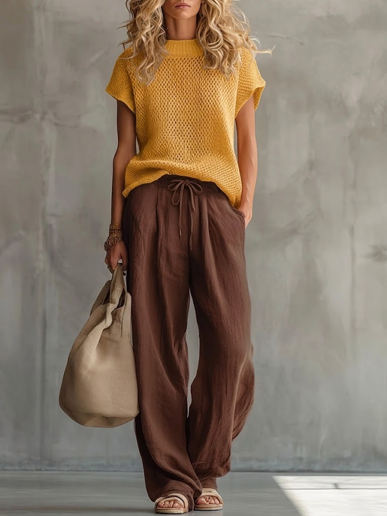🎁New Arrivals🔥Casual Knitted Pullover Top And Linen-cotton Trousers Two-piece Set