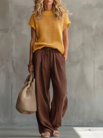 🎁New Arrivals🔥Casual Knitted Pullover Top And Linen-cotton Trousers Two-piece Set