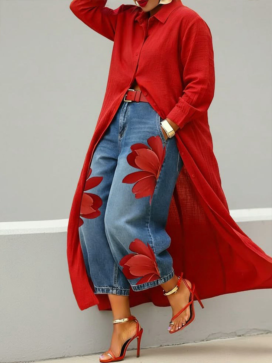  🎁New Arrivals🔥Women Casual Cotton Linen Shirt Dress Long Sleeve Shirt Collar Slim Fit Red Midi Dress