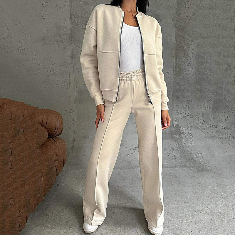 Hot Sale 49% OFFWomen's Two-Piece Relaxed Fit Set - Zippered Jacket and Wide-Leg Pants