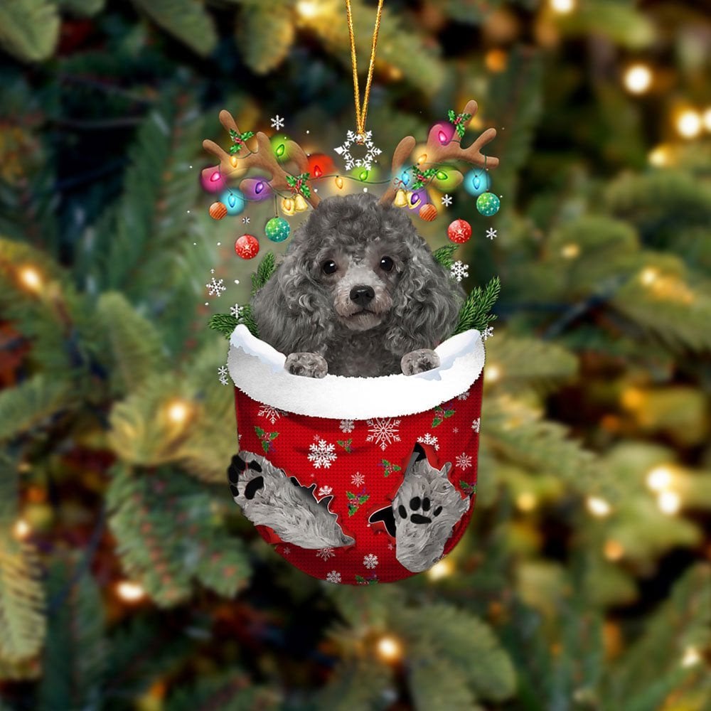 SILVER Miniature Poodle In Snow Pocket Ornament