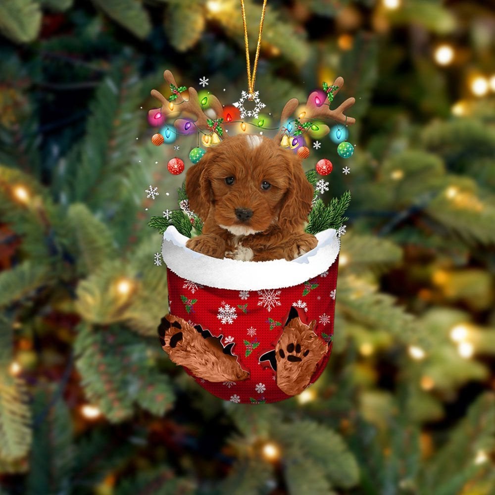 RED Cockapoo In Snow Pocket Ornament
