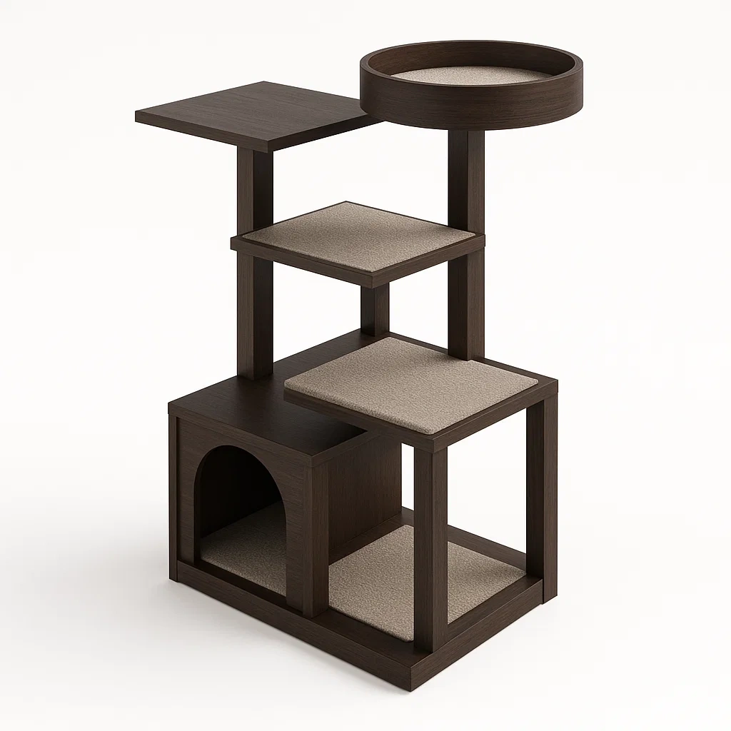 Arbre à chat en bois avec coussins en tissu brun-Mobiruso