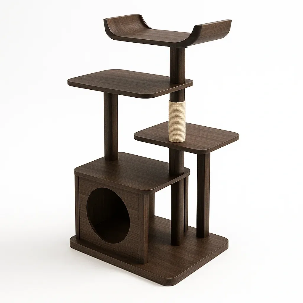 Arbre à chat en bois brun avec plateformes et poteau en sisal-Mobiruso