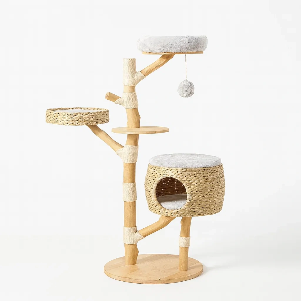 Arbre à chat en bois et rotin beige-Mobiruso
