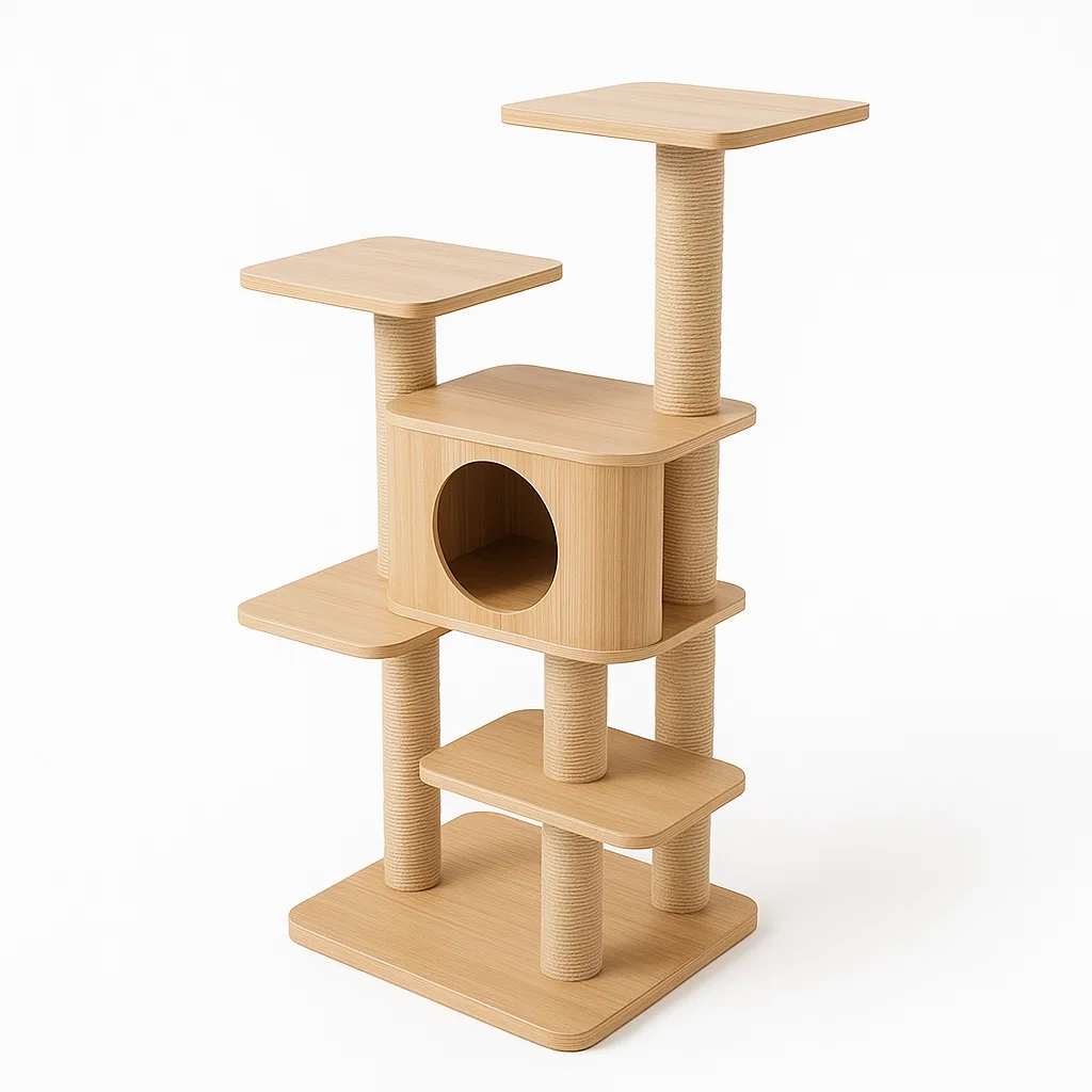 Arbre à chat en bois avec plateformes en corde de sisal beige-Mobiruso