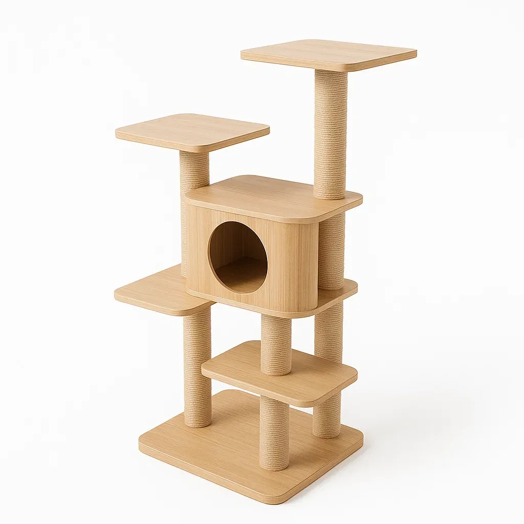 Arbre à chat en bois avec plateformes en corde de sisal beige-Mobiruso