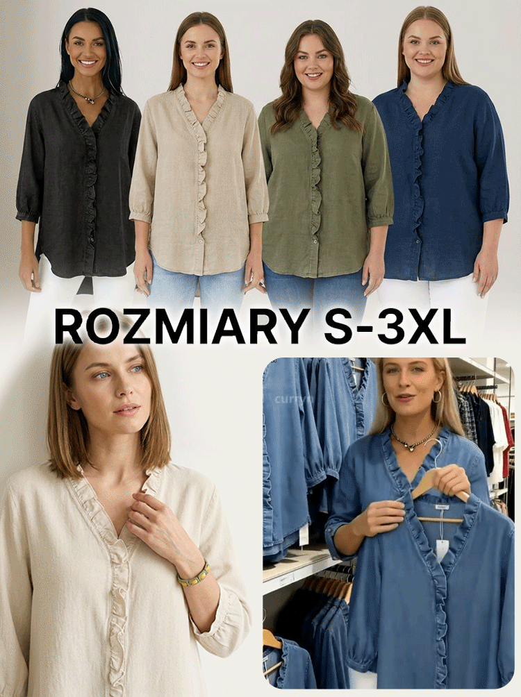 Lniana bluzka z marszczeniami w stylu rustykalnym z dekoltem w serek