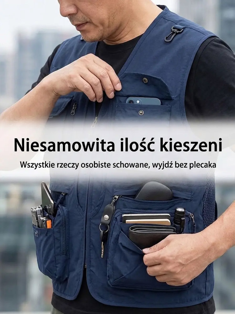 Kamizelka z wieloma kieszeniami, szybkoschnąca i oddychająca