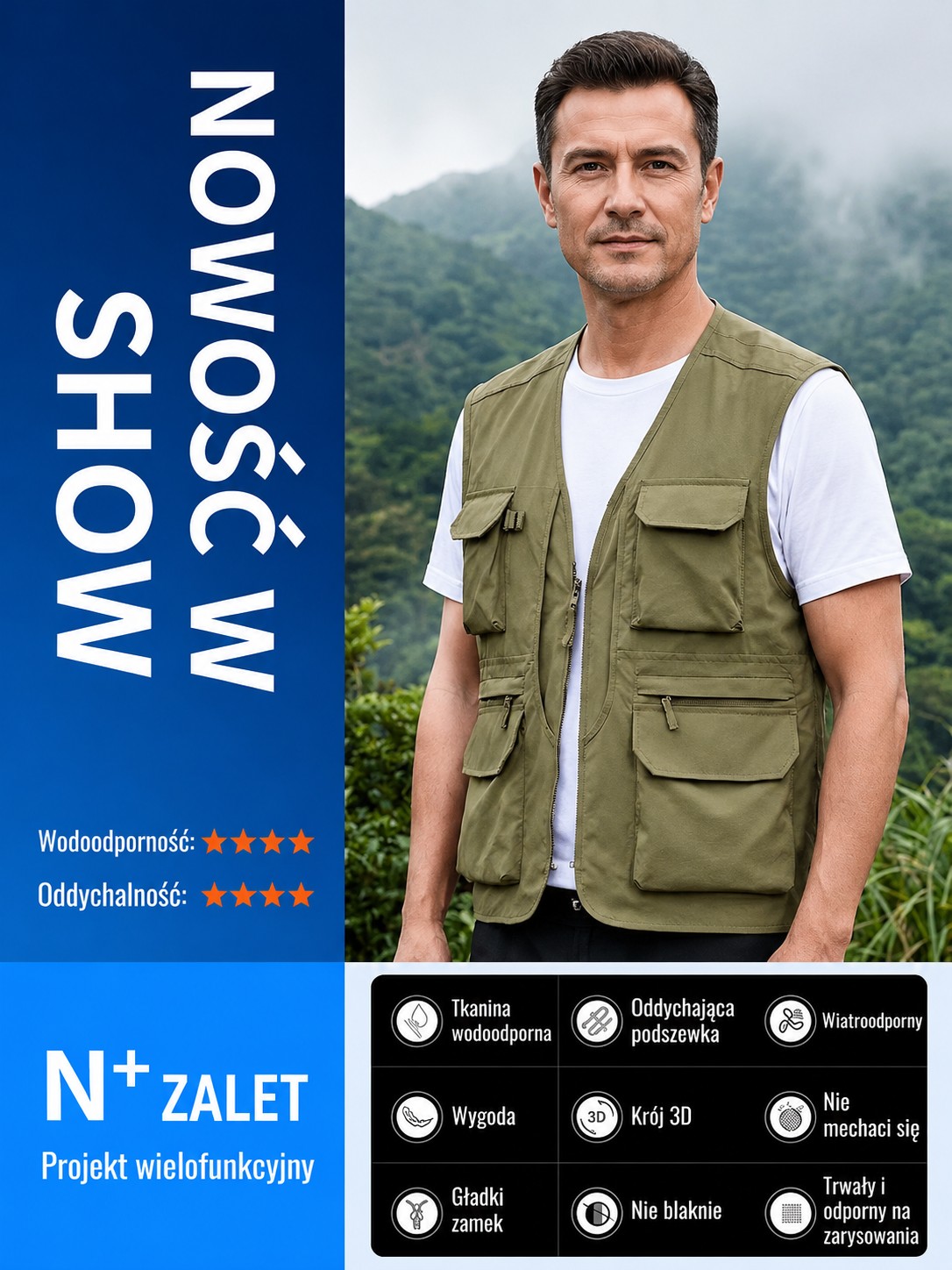 Kamizelka z wieloma kieszeniami, szybkoschnąca i oddychająca