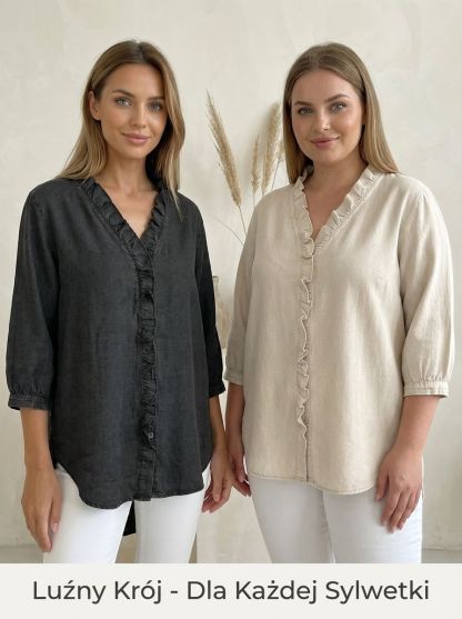 Lniana bluzka z marszczeniami w stylu rustykalnym z dekoltem w serek