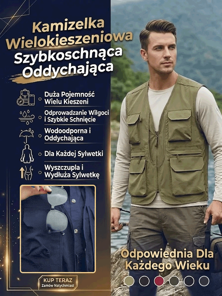 Kamizelka z wieloma kieszeniami, szybkoschnąca i oddychająca