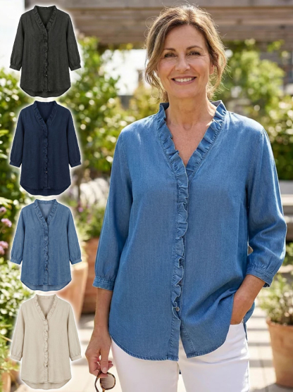 Lniana bluzka z marszczeniami w stylu rustykalnym z dekoltem w serek