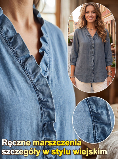 Lniana bluzka z marszczeniami w stylu rustykalnym z dekoltem w serek