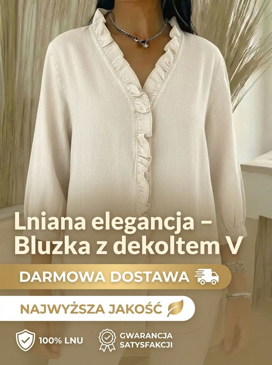 Lniana bluzka z marszczeniami w stylu rustykalnym z dekoltem w serek