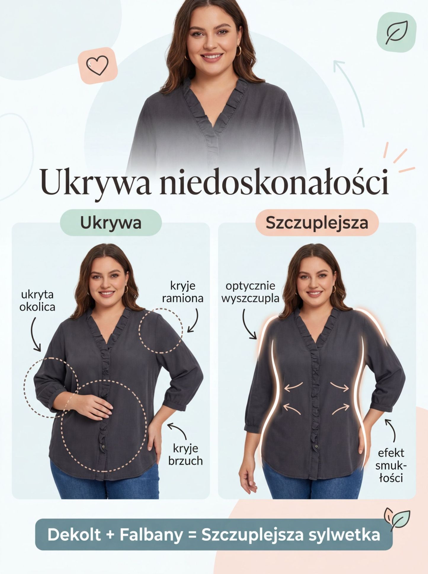 Lniana bluzka z marszczeniami w stylu rustykalnym z dekoltem w serek