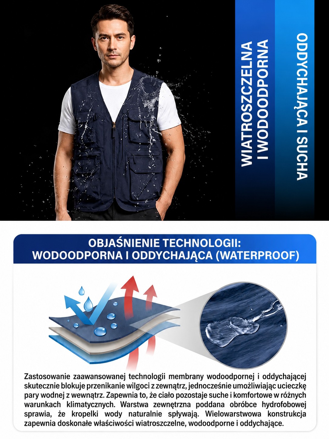 Kamizelka z wieloma kieszeniami, szybkoschnąca i oddychająca