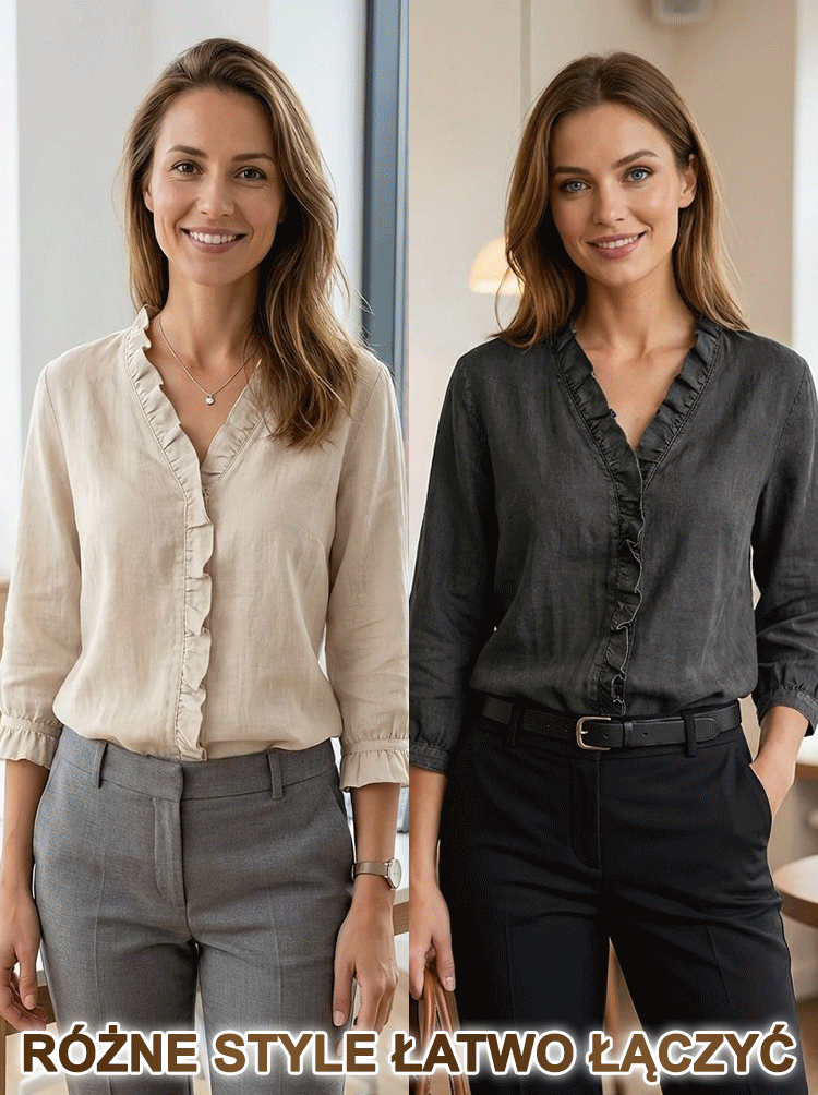 Lniana bluzka z marszczeniami w stylu rustykalnym z dekoltem w serek